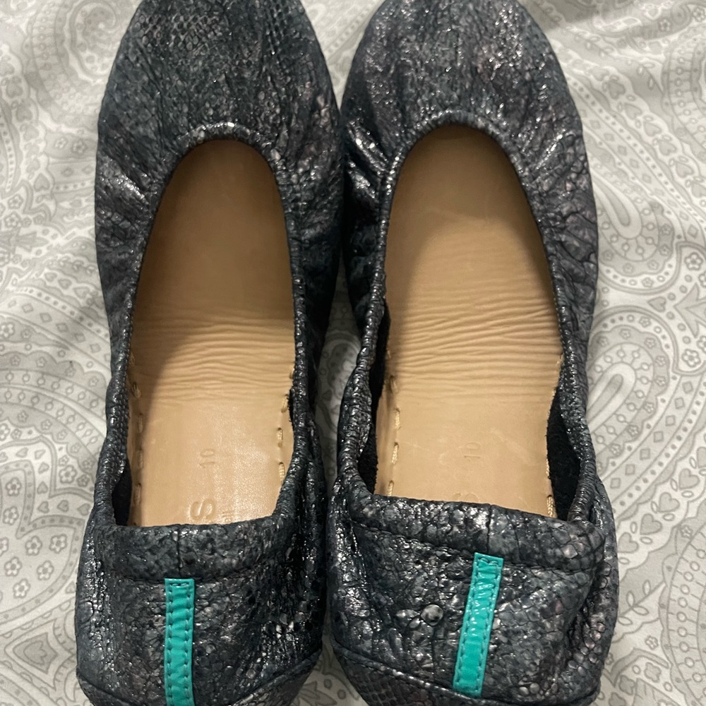 Tieks Black and Green Flats with Distinctive Turquoise Detail
